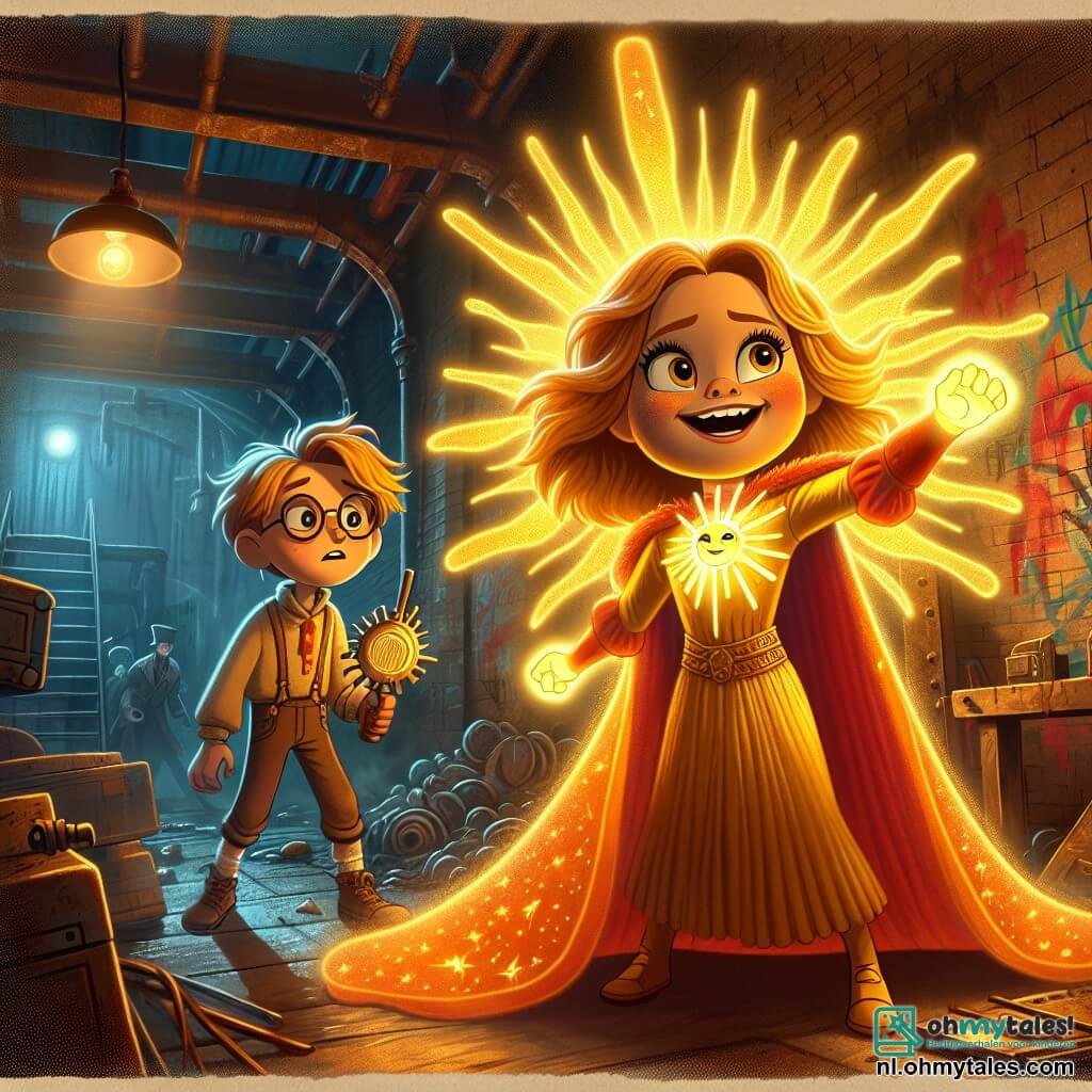Lila, de superheldin, is een jonge vrouw met lange gouden haren die glanzen als zonnestralen. Ze draagt een kleurrijk kostuum met zonnige patronen en een flonkerende cape. Haar gezicht straalt blije vastberadenheid uit terwijl ze haar krachten gebruikt om een krachtige gouden lichtstraal uit te zenden, die de duisternis om haar heen verlicht. Naast haar staat Jasper, een jongen van ongeveer 12 jaar, met ronde brillen en een rommelige haardos. Hij kijkt Lila bewonderend aan, terwijl hij een vreemd apparaat in zijn handen houdt, klaar om haar te helpen in haar missie. Zijn gezicht toont opwinding en verwondering. De scène speelt zich af in een oude verlaten fabriek, met vervallen muren bedekt met kleurrijke graffiti. Roestige machines liggen verspreid, en onheilspellende schaduwen verbergen zich in de donkere hoeken, wat een mysterieuze en gespannen sfeer creëert. Lila staat stevig, klaar om de slechteriken die in de schaduw samenzweren te confronteren, terwijl haar licht de weg naar de waarheid verlicht. De hoofdactie toont Lila die haar krachten gebruikt om de plannen van de vijanden te verijdelen, terwijl Jasper haar aanmoedigt en bijstaat in dit spannende avontuur.