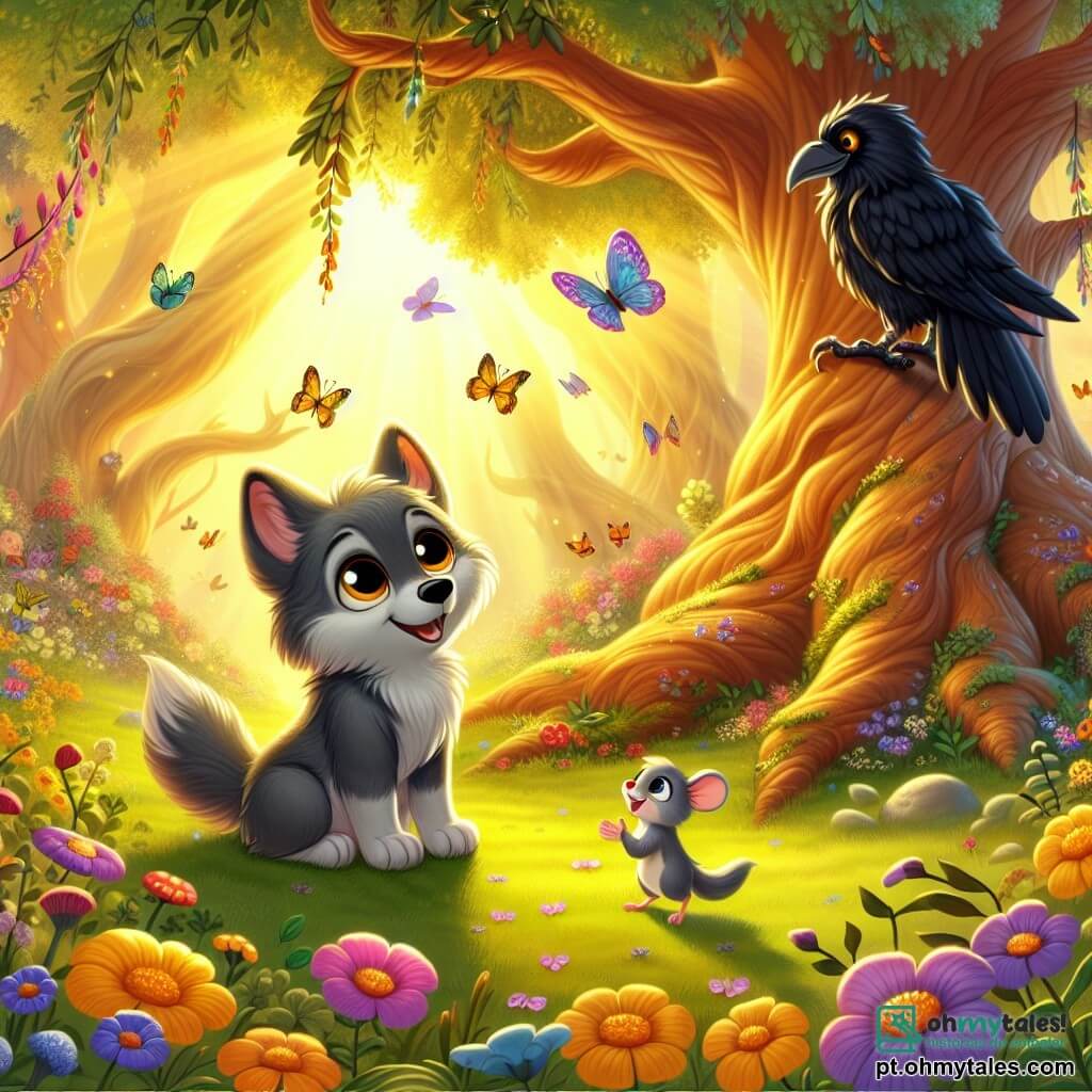Um pequeno lobo chamado Léo, com pelos cinzentos macios e olhos brilhantes de curiosidade, está no centro da cena, olhando maravilhado para uma grande árvore de folhas douradas que lhe fala. Léo expressa uma emoção de fascínio, com as orelhas em pé e a cauda abanando. À esquerda, uma corvo sábia com plumagem negra brilhante, empoleirada em um galho, observa a cena com um olhar atento, pronta para compartilhar seu conhecimento. À direita, um alegre ratinho com grandes orelhas, sorrindo, aplaude Léo, mostrando seu entusiasmo pela aprendizagem. O lugar é um jardim mágico, banhado por luz dourada, com flores coloridas dançando ao vento, árvores majestosas e borboletas multicoloridas, criando uma atmosfera encantadora. A cena principal mostra Léo fazendo perguntas à árvore sábia, enquanto as flores e outras criaturas da floresta o escutam atentamente, criando um momento de aprendizado neste mundo encantado.