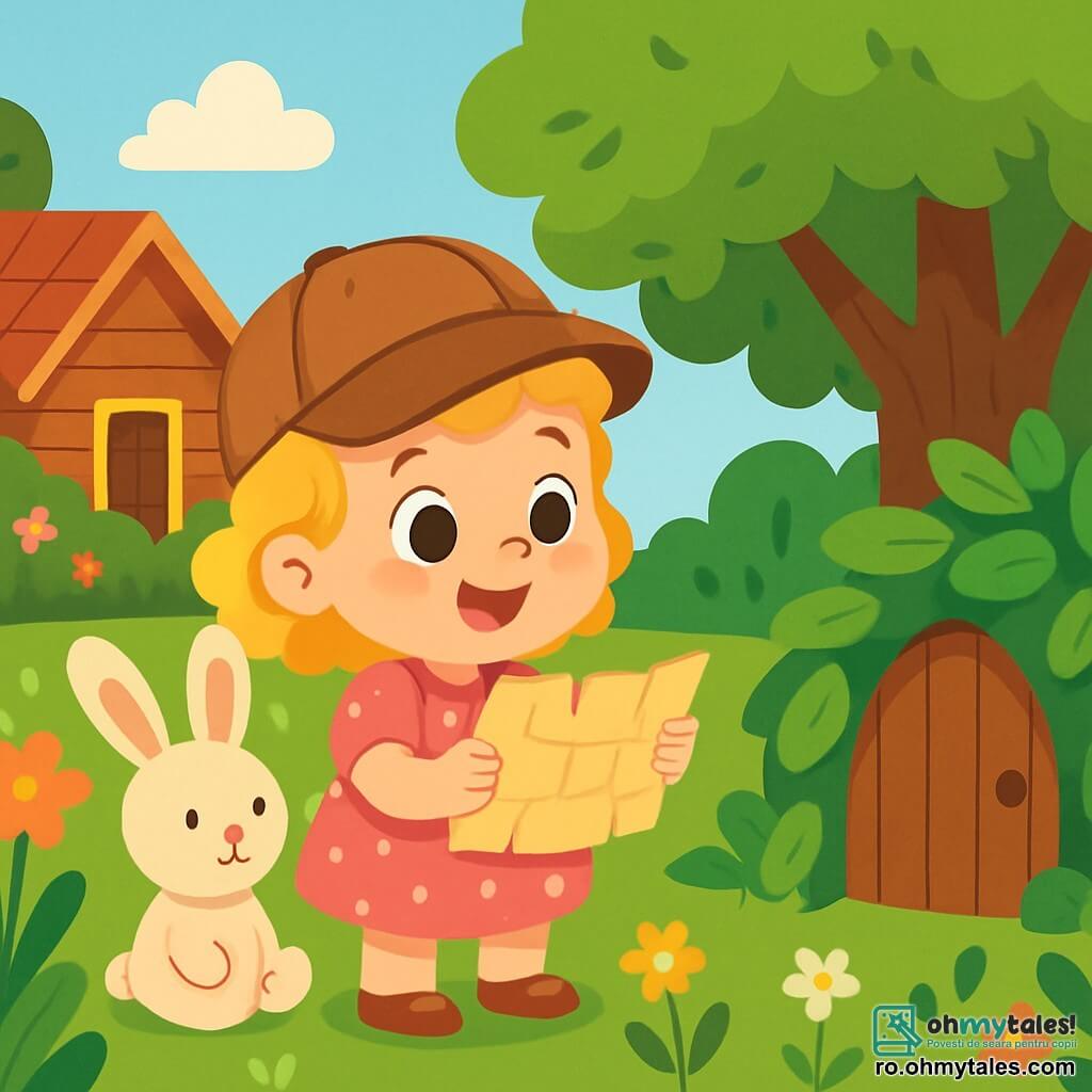O fetiță de 2 ani, cu ochi mari și strălucitori și păr blond creț, poartă o rochiță roz cu buline și o pălărie drăguță de explorator. Zâmbește cu uimire, ținând o hartă veche în mâinile ei mici. Lângă ea, un iepuraș de pluș adorabil, cu urechi mari și blană moale, pare să o încurajeze în aventură. Scena se desfășoară într-o grădină grațioasă, plină de flori colorate, copaci verzi mari și o căsuță mică din lemn, înconjurată de arbuști înfloriți. În centru, fetița privește cu excitație o ușă mică din lemn, ascunsă în spatele frunzelor. Mara, cu un aer curios și vesel, se pregătește să deschidă ușa misterioasă, gata să descopere magia care o așteaptă dincolo.