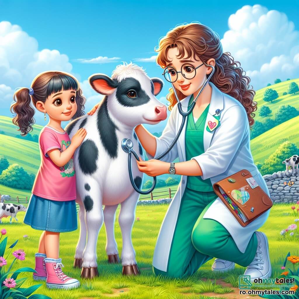 O veterinară zâmbitoare, Ana, o femeie de aproximativ treizeci de ani, cu părul castaniu creț și ochelari rotunzi, este așezată lângă o vacă albă cu pete negre, Steluța. Are o privire blândă și liniștitoare, arătând angajamentul și pasiunea ei pentru animale. Lângă ea, doi copii, o fetiță de 8 ani numită Mara, cu împletituri și un tricou roz, și un băiat de 9 ani numit Vlad, cu ochelari și un tricou verde, privesc cu uimire. Mara mângâie ușor vaca, în timp ce Vlad ține un carnet mic, pregătit să-și noteze observațiile. Scena se desfășoară într-o poiană verde, înconjurată de coline blânde sub un cer albastru deschis, cu flori colorate împrăștiate în jur și un zid vechi din piatră în fundal. Ana verifică sănătatea lui Steluța cu un stetoscop, în timp ce copiii învață cu curiozitate și entuziasm, creând o atmosferă veselă și educativă.