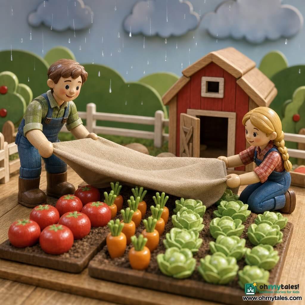 A young farmer Ben, about 28, round face, short brown hair, joyful relieved expression, lowers a large beige canvas to cover rows of stylized wooden vegetables while standing with feet apart and arms extended, helped by Emma, about 24, blonde hair in a braid and a gentle smile, who kneels on one knee to his right pulling a corner of the sheet; shiny red tomatoes, orange carrots with green tops and pale green lettuce are lined in front of a red wooden barn with an open door, a white fence and paper-cut green hills, with bluish-gray clouds and translucent raindrops above—bright pastel colors, painted wood textures, simple rounded forms, and a reassuring cooperative atmosphere.