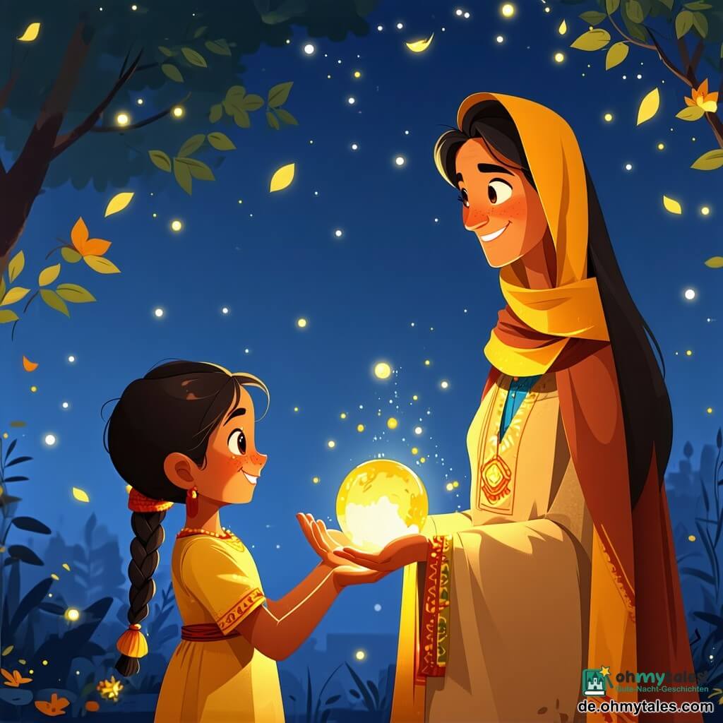 Yasmina, eine erwachsene Frau mit gebräunter Haut, langen schwarzen Haaren, großem goldenen Schal und besticktem Kleid, hält in ihrer Hand eine kleine orange leuchtende Kugel und teilt deren Licht mit Kindern und Markthändlern, um einen Platzkonflikt zu lösen; links von ihr ein etwa 7-jähriges Mädchen mit rundem, geflochtenem Gesicht, das ebenfalls eine leuchtende Kugel hält und lächelnd einen Schritt macht, rechts hockt der etwa 40-jährige Verkäufer Samir mit kurzem Bart und schlichter Tunika und räumt Gemüsekisten, nahe einem Brottisch steht die etwa 35-jährige Bäckerin Layla mit gebundenen Haaren und mehliger Schürze und lacht, im Hintergrund geht ein etwa 70-jähriger Mann mit einem beladenen braunen Esel; Schauplatz ein Marktinnenhof mit gestampftem Erdboden, ockergelben Wänden, türkis-goldenen Mosaikarkaden, farbigen Teppichen, Gewürzkörben und Obstständen, warme goldene Abendsonne wirft lange Schatten, zentrale Komposition, warme Farben und Atmosphäre von Frieden und Großzügigkeit, deutliche Details wie Stofftexturen und Kugelreflexe.