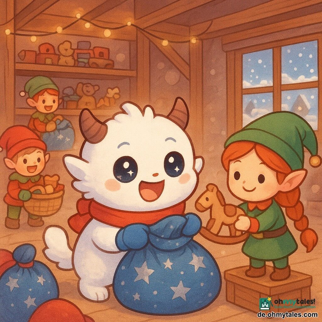 Pepino, ein kleiner Schneekobold, steht in der Mitte mit strahlendem, entschlossenem Gesicht, sternenhellen Augen, flauschigem weißem Fell, roter Schal und blauen Fäustlingen und faltet behutsam einen großen blauen Weihnachtssack mit silbernen Sternen; rechts von ihm steht Elfi, die Elfchefin, eine kleine rothaarige Elfe mit geflochtener Frisur, grüner Kleidung und warmem Lächeln, die ihm von einer Holzkiste aus ein Holzspielzeug reicht; zwei weitere fröhliche Elfen in Rot und Grün sind links im Hintergrund mit Körben voller Spielzeug und weiteren Säcken beschäftigt; die Werkstatt des Weihnachtsmanns ist ein großer Holzraum mit sichtbaren Balken, Regalen voller handbemalter Spielzeuge, warmen Lichterketten und einem vereisten Fenster mit Blick auf ein verschneites Dorf; die Szene ist gemütlich und festlich, bunte Sackstapel glänzen, und aus dem letzten geöffneten Sack leuchtet ein hölzernes Gesellschaftsspiel golden; Stil: lebhafte Pastellfarben, weiche Konturen, überzeichnete niedliche Mimik, filzige Texturen.