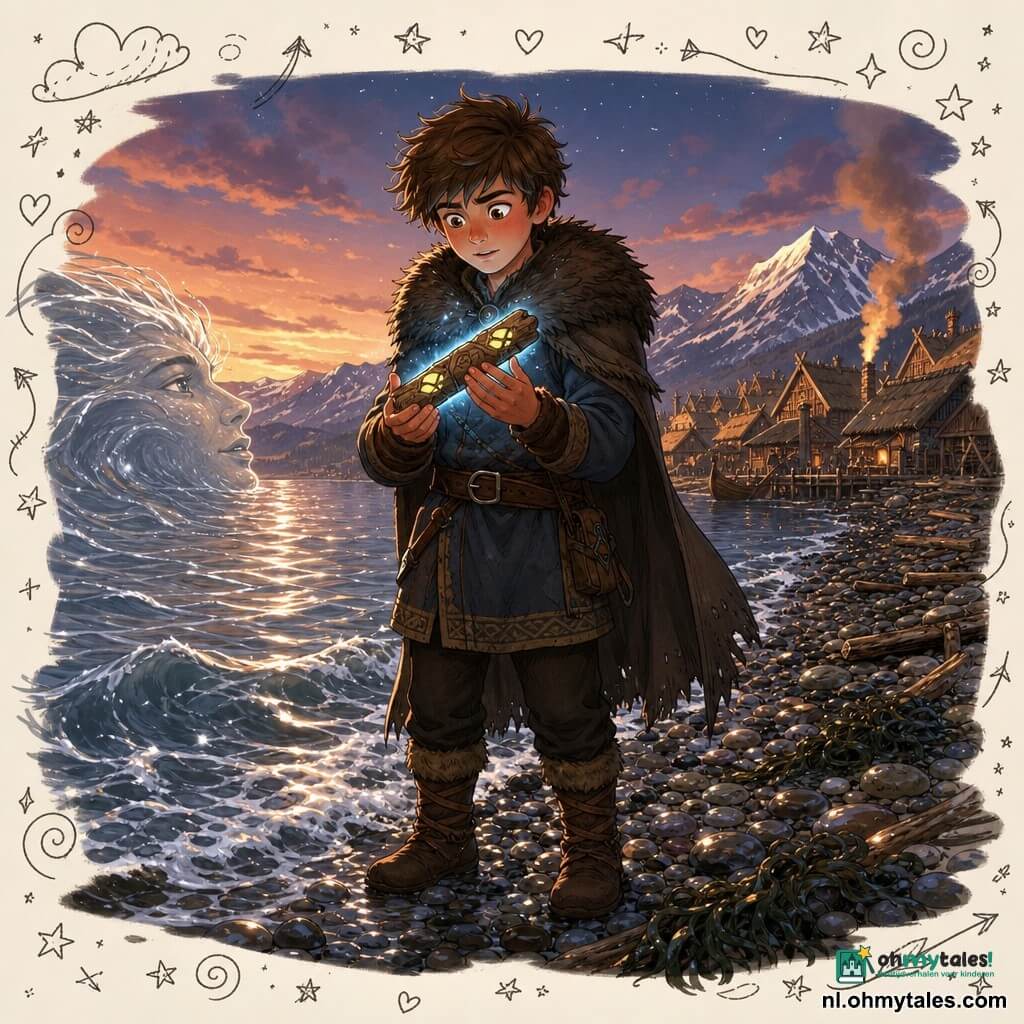 Een jonge man (Eirik) met vierkant gezicht en warrig bruin haar, door de kou rozerig van teint en met een vastberaden maar verwonderde blik, houdt behoedzaam met beide handen een klein, gebarsten runenstokje vast dat blauwachtig gloeien en in zijn hand lijkt te trillen; links verschijnt de fjord als zilverkleurige waterbaan met reflecties die een fluisterend gezicht vormen en waarvan de golven Eiriks voeten strelen; rechtsachter een Vikingdorp met enkele houten huisjes en rieten daken en rook uit een smederij, in de verte ijsbergen; locatie: een kiezelstrand met donkere zeewieren en aangespoeld drijfhout onder een schemerende koper- en indigolucht; sfeer: mysterieus maar warm, verlicht door de gloed van de stok en het zachte avondlicht.