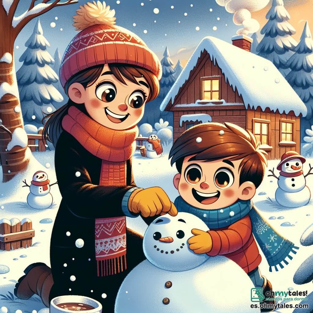 Un niño de 7 años, Tomás, con cabello castaño y ojos llenos de curiosidad, está construyendo un gran muñeco de nieve en un jardín nevado. Lleva un abrigo rojo brillante, una bufanda azul y guantes amarillos, y su rostro expresa una inmensa alegría y emoción. A su lado, su mamá, una mujer de unos 35 años, con cabello castaño y una sonrisa cálida, lo anima mientras sostiene una taza de chocolate caliente. Ella viste un abrigo negro y un gorro de lana. En el fondo, el jardín está cubierto de una gruesa capa de nieve brillante, con árboles desnudos y una pequeña casa de madera con humo saliendo de la chimenea. La escena muestra a Tomás y su mamá riendo y divirtiéndose mientras añaden accesorios al muñeco de nieve, creando una atmósfera alegre y festiva de invierno.