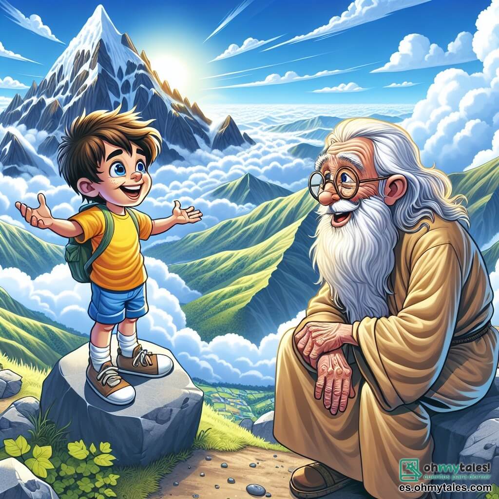 Un niño de 6 años, Lucas, con cabello castaño desordenado y ojos brillantes de curiosidad, se encuentra en la cima de una majestuosa montaña. Lleva una camiseta amarilla brillante y un pantalón corto azul, y su rostro expresa gran alegría y asombro mientras admira el paisaje. Cerca, un anciano sabio, de unos 70 años, con una larga barba blanca y gafas redondas, está sentado en una roca. Viste una túnica beige y un sombrero de paja, y sonríe suavemente a Lucas, compartiendo su sabiduría. El lugar es una alta montaña, rodeada de nubes esponjosas y vastos valles verdes. El cielo es de un azul brillante, salpicado de algunas nubes blancas, y el sol brilla, iluminando el paisaje. La escena principal muestra a Lucas, con los brazos abiertos, maravillándose ante la belleza del mundo que lo rodea, mientras el anciano lo observa con benevolencia, listo para compartir sus enseñanzas sobre la vida y la búsqueda de la felicidad.