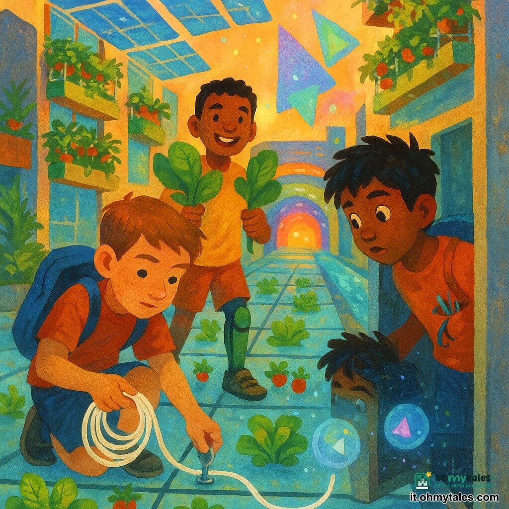 Tre ragazzi di circa 11 anni: Leo, capelli castano chiaro corti, concentrato, con zaino blu che tiene una bobina di cordone luminoso e aggancia un gancio a una lastra di marciapiede (primo piano a sinistra); Nico, con tutore giallo-verde alla gamba e sorriso furbo, al centro mentre tiene foglie di basilico gigante e indica il percorso; Sami, capelli neri spettinati, tasca piena di cavi, a destra che osserva una piccola sfera olografica vicino a una porta di servizio socchiusa. Ambientazione: strada urbana futurista con lastre di vetro tra cui crescono insalate e fragoline, pannelli solari trasparenti, balconi-giardino, canali di acqua riciclata, ologrammi tremolanti e un tunnel luminoso colorato sullo sfondo. Situazione: i ragazzi srotolano un cordone guida luminoso per segnare il vero percorso durante una “nebbia di dati” che distorce gli ologrammi; atmosfera vibrante con particelle scintillanti, luce calda del tramonto sul vetro, composizione centrata sulla bobina luminosa e i tre in diagonale, tocchi pittorici e colori saturi.