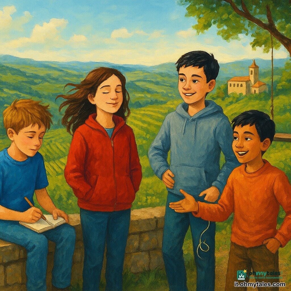 Quattro ragazzi su una collina panoramica: Leo, 11 anni, capelli castano chiaro spettinati, maglietta blu e taccuino in mano, seduto su un massetto di pietra a sinistra che scrive guardando la valle; Sara, 11 anni, capelli castani lunghi mossi dal vento, giacca rossa, in piedi al centro appoggiata al muretto con gli occhi chiusi e un sorriso; Milo, quasi 12 anni, capelli neri corti, felpa grigia, a destra con una mano sul fianco e l'altra che tiene cuffie piegate, sguardo divertito; Giorgi, locale di circa 11 anni, capelli neri e pantaloni consumati, in piedi vicino a un sentiero sterrato che invita verso un monastero; sullo sfondo terrazze di vigneti, case color crema, un monastero di pietra chiara, cielo mattutino azzurro pallido, luce dorata del sole basso, atmosfera di viaggio e amicizia, dettaglio di churchkhela appeso a una borsa e un'altalena di legno a un albero, colori caldi e texture che ricordano la pittura acrilica.
