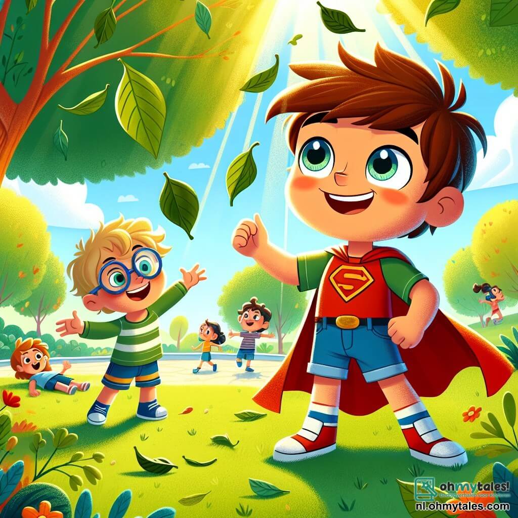 Joris, een jongen van ongeveer 8 jaar met rommelig bruin haar en sprankelende ogen, staat in het midden van de afbeelding, glimlachend van verwondering. Hij draagt een rood t-shirt met een superheldenlogo en een blauwe short, terwijl bladeren om hem heen zweven, wat zijn levitatiekracht illustreert. Naast hem kijkt Tim, een 7-jarig jongetje met blond haar en ronde bril, naar Joris met bewondering. Hij draagt een groen t-shirt en een gele short, en wijst naar de bladeren in de lucht terwijl hij lacht. Op de achtergrond is er een zonnig park met groene bomen, kleurrijke bloemen en een heldere blauwe lucht, wat een vrolijke sfeer creëert. Kinderen spelen in de verte, wat bijdraagt aan de levendige ambiance. De hoofdscène toont Joris die met een grote glimlach bladeren om zich heen laat zweven, terwijl Tim hem aanmoedigt en kinderlachjes in de lucht weerklinken.