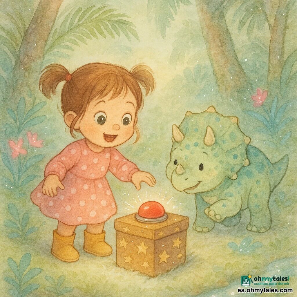 Niña de 4 años, alegre y asombrada, pelo castaño claro en coletas, ojos avellana redondos, vestido rosa con lunares y botines amarillos, extendiendo la mano hacia una caja mágica colorida; junto a ella, Tino, un pequeño triceratops regordete y amistoso, piel verde pálido con manchas azules, cuernos cortos y sonrisa suave, con la pata delantera levantada; la caja es cuadrada, barnizada, con estrellas doradas y un gran botón rojo brillante encima, sobre un tapiz de musgo blanco; claro en un bosque prehistórico con helechos gigantes, troncos nudosos cubiertos de líquenes, flores luminosas rosa y turquesa y un pequeño arroyo brillante; luz suave en tonos pastel acuarela, ligera bruma y reflejos plateados; escena centrada y legible para niños de 4 años mostrando a la niña y a Tino descubriendo la caja mientras ella está a punto de pulsar el botón; estilo acuarela suave con textura de papel visible y toques con bolígrafo gel blanco para destellos.