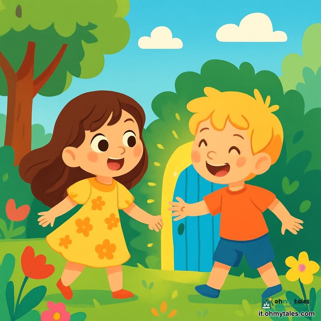 Una bambina di 4 anni, con lunghi capelli castani e occhi scintillanti di curiosità, si trova davanti a una piccola porta blu scintillante, il suo volto radioso di meraviglia e gioia. Indossa un vestito giallo a fiori che danza intorno a lei nella leggera brezza. Accanto a lei, un bambino di 5 anni di nome Leo, con capelli biondi spettinati e un grande sorriso, le porge la mano, pronto a portarla in un'avventura magica. Lo scenario è un giardino lussureggiante, pieno di fiori colorati con petali brillanti, grandi alberi con foglie verdi e un cielo blu chiaro punteggiato di nuvole bianche e soffici. La piccola porta, nascosta dietro un cespuglio, brilla di una luce dorata, attirando l'attenzione dei due bambini. La scena principale mostra Mia e Leo, mano nella mano, pronti a varcare la porta del tempo, i loro volti illuminati dall'eccitazione e dall'anticipazione di scoprire un mondo nuovo e meraviglioso.