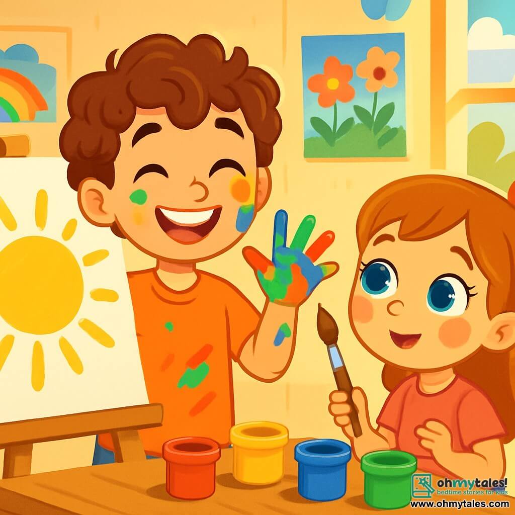 A young man named Leo, with soft eyes and curly brown hair, joyfully stands in front of a white canvas. He has a bright smile and hands covered in colorful paint. Leo is painting a large yellow sun, his features filled with enthusiasm and creativity. Next to him, Mia, a 7-year-old girl with big blue eyes and rosy cheeks, watches in wonder. She holds a brush in her hand and seems eager to join in the creation. The setting is a bright studio with walls decorated with colorful paintings. Vivid paint pots are scattered on a wooden table, and sunlight streams through the window, warming the scene. The main situation shows Leo and Mia creating a joyful artwork together, filled with bright colors and smiles, symbolizing friendship and the magic of art.