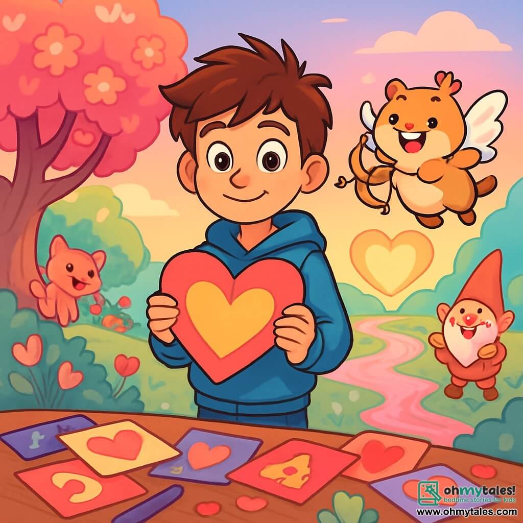 A 12-year-old boy, Max, with messy brown hair and sparkling curious eyes, stands at the center of the scene, a shy smile on his face. He wears a blue hoodie and jeans, holding a large colorful heart-shaped card in his hands, ready to share it. Next to him is an adorable little being, Cupid Junior, a hamster-shaped character with sparkling wings and a shiny bow tie, joyfully flying around him with a big smile. The setting is in the enchanted city of Heartwood, where sugar-flowered trees and sparkling strawberry milk rivers shine under a pastel sky. Joyful creatures, like Pixie-Pups and Gigglegnomes, bustle around them, adding to the festive atmosphere. The main scene shows Max and CJ, the little Cupid, preparing colorful Valentine's cards for their friends, surrounded by laughter and magic, while the heart of Heartwood shines brightly in the background, symbolizing the spirit of friendship and kindness.