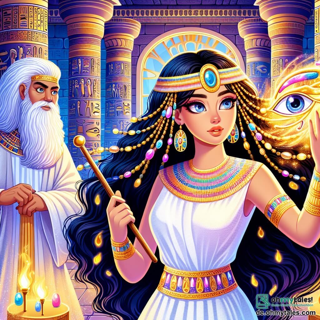 Nefertari, eine etwa 20-jährige ägyptische Frau, steht im Mittelpunkt der Szene mit langen schwarzen Haaren, die mit goldenen Perlen geschmückt sind. Sie trägt ein weißes Leinenkleid, das mit goldenen Mustern bestickt ist, und ihr Gesicht strahlt Entschlossenheit aus, während ihre Augen vor Mut leuchten. Neben ihr steht Amun, ein 60-jähriger Mann mit einem langen grauen Bart und von Weisheit gezeichneten Falten, der aufmerksam zusieht und einen geschnitzten Holzstock hält. Sie befinden sich im majestätischen geheimen Raum des Tempels von Karnak, der mit antiken Schätzen, Säulen, die mit Hieroglyphen verziert sind, und goldenem Licht von Fackeln gefüllt ist. Die Hauptszene zeigt Nefertari, die das Auge des Horus, ein strahlendes Schmuckstück in lebhaften Farben, erhebt, während sie von einem magischen Energiewolke umgeben ist, die den Raum in mystisches Licht taucht, während ein dunkler Zauberer aus dem Schatten auftaucht, bereit, ihre Macht herauszufordern.