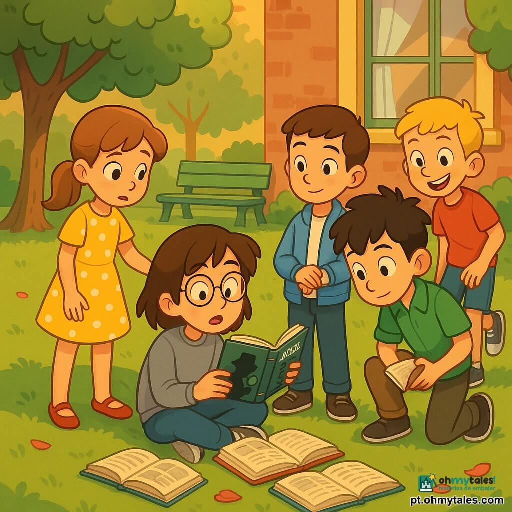 Há cinco personagens: Tomás (11 anos) — cabelo castanho curto, rosto sereno, jaqueta azul-clara, em pé à direita com os braços cruzados olhando calmamente para André; Miguel (10 anos) — cabelo preto bagunçado, caderno na mão, camisa verde, à direita de Tomás inclinado observando os livros; Lucas (10 anos) — cabelo loiro, sorriso malicioso, camiseta vermelha, um pouco atrás à direita, ponta do pé apontada para uma cadeira como se tivesse acabado de correr; Sofia (9 anos) — cabelo castanho-claro em rabo de cavalo, vestido amarelo de bolinhas brancas, à esquerda junto a André com a mão no ombro do irmão, olhar preocupado mas reconfortante; André (12 anos) — cabelo castanho médio, óculos redondos, jeans e moletom cinza, deitado na grama ao centro cercado por uma pilha de livros abertos segurando um livro de detetive. Local: jardim da biblioteca ao fim da tarde, relva aparada, algumas árvores de folhas arredondadas, banco de madeira verde, janela com cortina clara ao fundo, luz dourada suave, poucas folhas e pétalas no chão. Situação: cena de descoberta — André surpreso, os quatro amigos o reencontraram; expressões: surpresa em André, curiosidade em Miguel, calma reflexiva em Tomás, divertimento em Lucas, apoio afetuoso em Sofia; atmosfera calorosa e leve, cores vivas, traços nítidos e contornos suaves, estilo cartoon 2D, composição centrada na pilha de livros e nos olhares convergentes.
