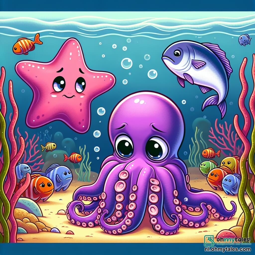 Een jonge octopus met lange, golvende tentakels in een stralende paarse kleur staat in het midden van de afbeelding, met ronde, glanzende ogen die diepe verdriet uitdrukken. Hij kijkt naar de grond, zijn armen om zijn lichaam gewikkeld, alsof hij zichzelf wil beschermen. Aan zijn rechterkant staat een glimlachende zeester met stervormige armen en een felle roze kleur, die steun en vastberadenheid uitstraalt. Ze steekt een van haar armen naar de octopus uit, klaar om hem aan te moedigen. Op de achtergrond kijkt een groep kleurrijke vissen, waaronder een grote zilveren makreel, naar de scène met spottende gezichten, wat een gespannen sfeer creëert. De setting is een onderwater school, met muren van kleurrijk koraal, zwevende luchtbellen en algen die zachtjes in het water golven, wat een zowel magische als onheilspellende ambiance creëert. De hoofd situatie toont de octopus die zich geïsoleerd en verdrietig voelt door de spot van de andere vissen, terwijl de zeester zijn vriendschap en steun aanbiedt, wat het thema van de belangrijkheid van solidariteit tegen pesten illustreert.