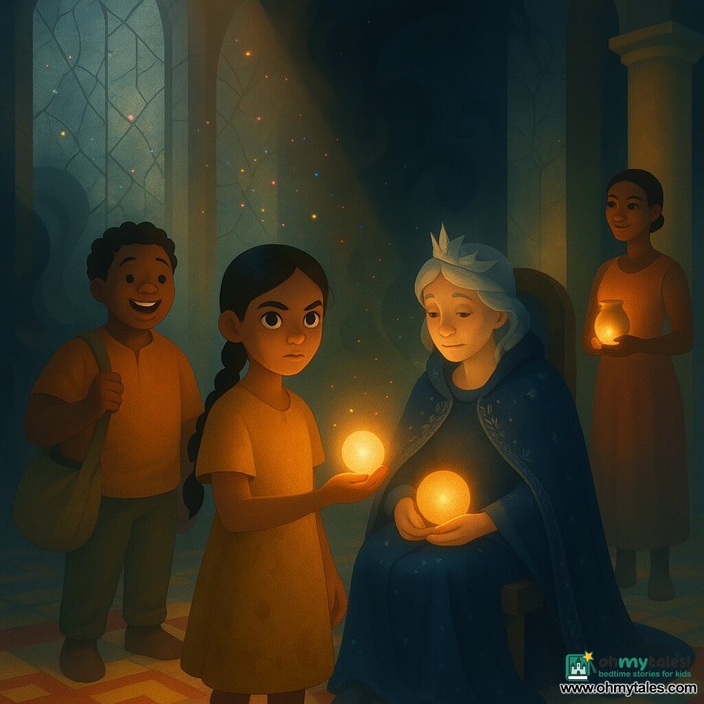 Lila, about 12, resolute and bright-eyed with braided black hair and a simple ochre dress, offers a small warm glowing sphere to the queen; the queen, around 45, tired but softly illuminated, crown of leaves askew, in a dark blue silver-embroidered cloak sits on a high chair in the Hall of Mirrors with the sphere on her lap; Kofi, about 13, round-faced and cheerful, stands behind Lila with a canvas satchel, supporting her with a smile; Amina, a 30-year-old potter with copper skin and short hair, stands by a column holding a glossy clay jar, proud and kind; the tall hall has cracked silver mirrors and a red-and-ochre geometric mosaic floor, dim light pierced by the sphere’s rays that scatter colorful reflections as the sphere dispels a dark vegetal mist in a warm, mystical, restorative moment.