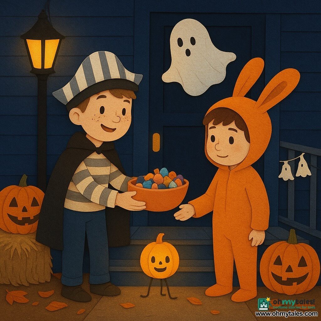 A 10-year-old boy named Max, smiling but alert, round freckled face, striped paper captain’s hat, striped shirt and soft black cape, holds a large bowl of candy and offers it; beside him another ~10-year-old, Eli, shy then joyful, in a fuzzy orange bunny costume with droopy ears, stands on the step helping distribute candy with a small open hand; a pumpkin-colored living lantern called Lumen moves on wire legs, wears a felt bow tie and emits a warm steady light at child height at the step’s edge; a repaired paper ghost, crumpled white with visible tape, floats on the railing; the porch and house have navy-blue painted wooden boards, bright carved pumpkins on the steps, a light straw bale, a garland of paper ghosts on the rail, yellow street lamps and scattered russet leaves; the mood is a warm, welcoming Halloween night with strong contrast between deep blue shadows and warm yellow lights, visible cut-paper textures and stylized cast shadows, conveying camaraderie and festivity.