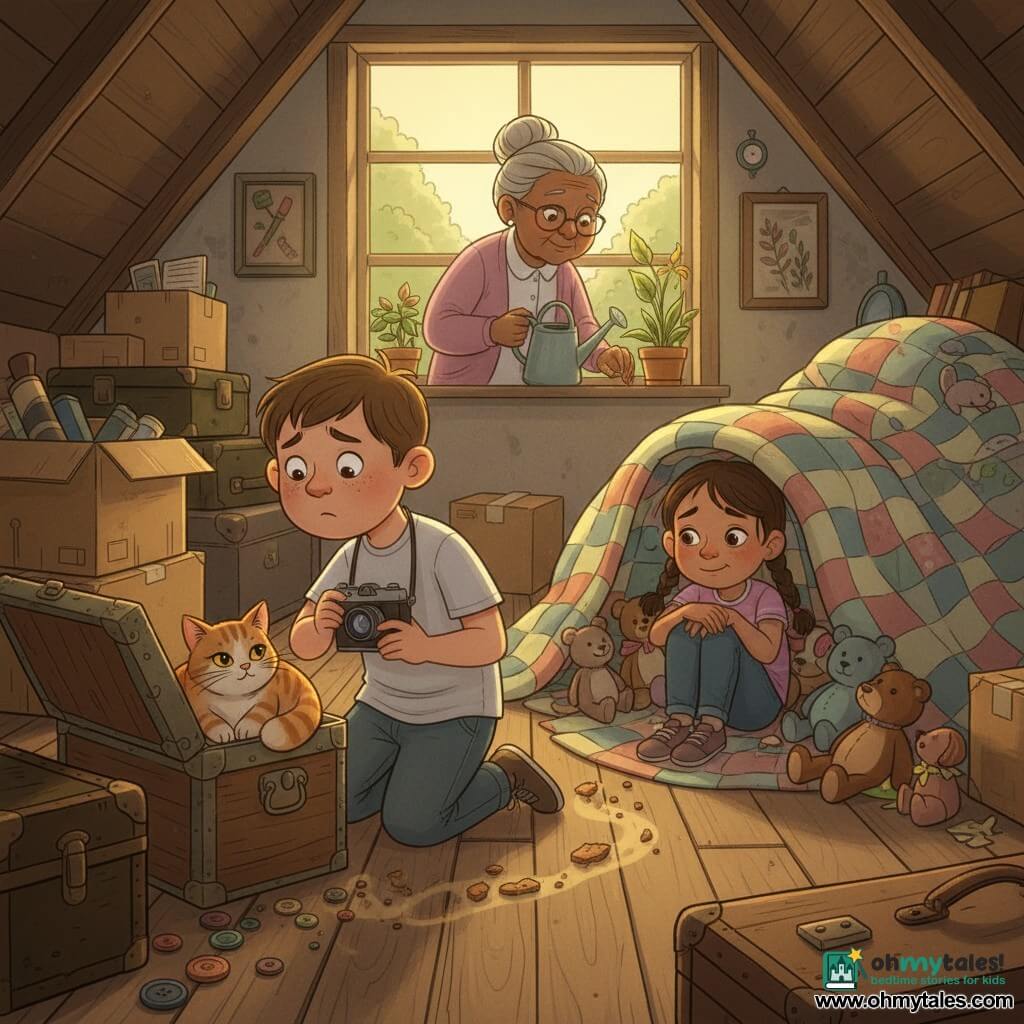 A 10-year-old boy with a round freckled face and furrowed brow kneels in a dusty attic holding a small notebook and camera, peering at an open metal biscuit tin; his 7-year-old cousin Lily, playful and embarrassed with chestnut pigtails, sits behind a pile of blankets with stuffed animals in a circle, hands clasped on her knees; their gray-haired grandmother, hair in a bun and a gentle smile, watches from the garden visible through a skylight while holding a watering can; the orange tabby cat Marmalade lounges on an old trunk; the cluttered attic has warm wooden boards, stacked boxes, old suitcases and scattered buttons, yellow shafts of light through dust, and a tender, slightly mysterious atmosphere centered on the discovery of an empty biscuit tin on a wooden chest with sticky crumbs trailing toward the quilts.