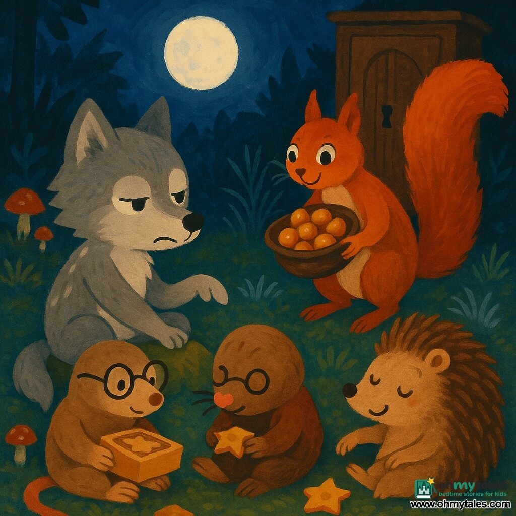 Little Wolf, main character: young anthropomorphic wolf with soft gray fur and white patches, stubborn-yet-tender expression, half-closed eyes, pretending to press an invisible button with a paw while sitting on a moss cushion; Prickles, secondary hedgehog: small round brown-spiked hedgehog, sleepy smile, lying on his side with a paw near a star-shaped biscuit to Little Wolf’s right; Saffron, secondary squirrel: bright red squirrel with a bushy tail and playful, sly face, holding a hat full of glowing hazelnuts, standing behind the friends’ circle; Marnie, secondary mole: small mole with round glasses and cream-brown fur, focused gentle air, seated cross-legged holding an open biscuit box to the left of the group; Setting: nocturnal forest clearing with green moss, colorful mushrooms and silvered grasses under a full moon, an old weathered wooden wardrobe with a small keyhole and an almost-living expression in the background; Scene: animals in a friendly circle with tails and paws touching, sharing star biscuits, warm calm mood, Little Wolf miming “standby” as the others slowly close their eyes, soft light, textured gouache contrasts, palette of midnight blues, moss greens, warm ochres and gold accents for the biscuits.