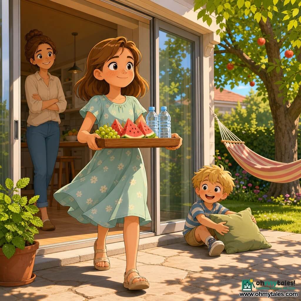 A 12-year-old girl with a round face and freckles, light brown shoulder-length hair and a focused, proud expression holds a wooden tray of grapes, watermelon slices and two water bottles as she walks slowly through an open sliding glass door; her about-6-year-old brother with tousled blond hair sits slightly back near the door playing with a fort pillow and smiling to keep the way clear, while their mother, about 35, hair in a bun and dressed casually, watches from the kitchen with an encouraging smile a few steps behind. The setting is the threshold of a suburban house opening onto a bright summer garden with light stone paving, a striped hammock under an old apple tree, green grass, a pot of mint on the step and golden late-afternoon sunlight. The scene conveys a quiet, brave moment as the breeze lifts the girl's light dress and leaf shadows dance on the ground, suggesting shared space and summer softness; palette of warm tones (golden yellow, mint green, watermelon pink), sharp cartoony textures, soft cel-shaded shadows, focus on expressions and the light streaming through the door.