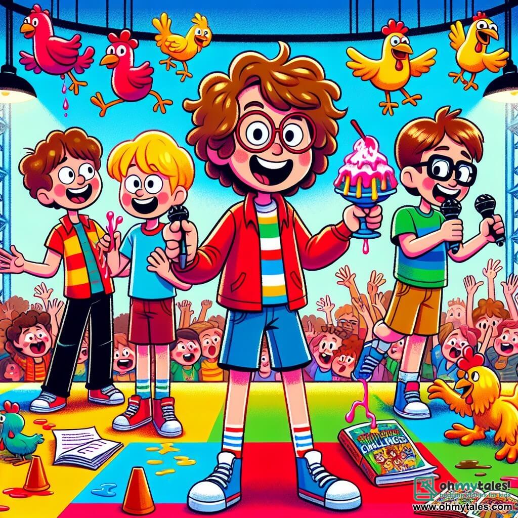 In the center of the image, four boys stand on a colorful challenge stage, surrounded by an enthusiastic audience. Benny, a 10-year-old with curly hair and high energy, wears a red t-shirt and blue shorts. He is in the foreground, smiling widely, holding a dripping spaghetti sundae in one hand and a microphone in the other. Max, also 10, with glasses and messy brown hair, is slightly back, juggling colorful plastic chickens, with his impossible challenge recipe book at his feet. Ollie, a 10-year-old with a mischievous smile and blonde hair, is to Benny's right, laughing while trying to juggle two chickens, one red and one yellow, that fly off in opposite directions. Sam, a 10-year-old with brown hair and glasses, stands to the left, holding a sketchbook and drawing their exploits while laughing at the situation. The setting is a sunny park with lush trees and colorful balloons in the air. In the background, families and children laugh and applaud, creating a joyful and festive atmosphere. The main scene shows the boys in the midst of a hilarious challenge, with spaghetti and plastic chickens flying through the air, while a large sign reads "Wibbly-Wobble Silly Challenge" in colorful letters.