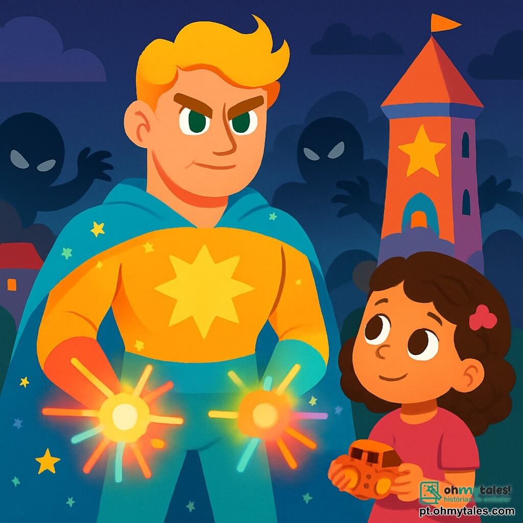 Ultraluz, um homem alto e musculoso, está no centro do palco, com cabelos dourados brilhantes e olhos verdes cheios de determinação. Ele usa uma capa azul-celeste salpicada de estrelas cintilantes e suas mãos emitem luzes coloridas. Ao seu lado, uma menina de 8 anos chamada Lila, com cabelos cacheados e castanhos, observa admirada, seus olhos brilhando de curiosidade. Ela segura um pequeno brinquedo quebrado, esperando que Ultraluz possa ajudá-la. Ao fundo, a torre da Cidade Brilhante, alta e colorida, ergue-se majestosa, com janelas em forma de estrelas e paredes pintadas de cores vivas. A cena acontece enquanto um grupo de criaturas sombrias tenta apagar as luzes da cidade, criando uma atmosfera de tensão e mistério. Ultraluz, pronto para defender sua cidade, se prepara para liberar uma explosão de luz para repelir os invasores.