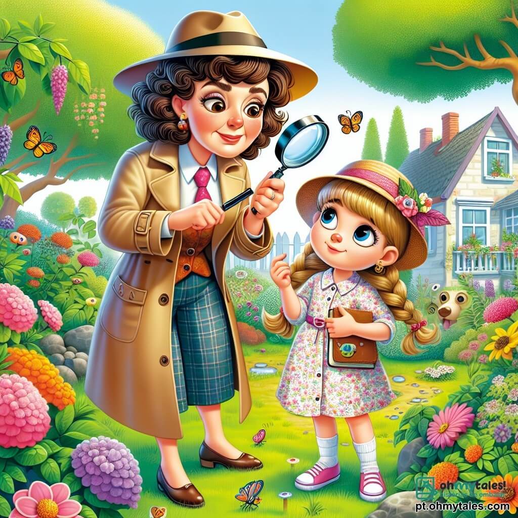 Dona Clara, uma mulher detetive de cinquenta anos, tem cabelos castanhos cacheados e segura uma lupa em uma das mãos. Ela está vestida com um trench coat colorido e um chapéu de detetive, mostrando uma expressão de concentração e determinação. Ela se inclina levemente para frente, observando atentamente o chão em busca de pistas. Ao lado dela, Lúcia, uma menina de oito anos, tem longos cabelos loiros trançados e usa um vestido florido. Ela observa com olhos maravilhados, segurando um pequeno caderno, pronta para anotar. Elas estão em um jardim ensolarado, repleto de flores coloridas e árvores majestosas. A cena principal mostra Dona Clara e Lúcia em busca de pistas de patas de gato, enquanto Lúcia aponta uma impressão na grama, animada para resolver o mistério de Bolinha, o gato desaparecido.