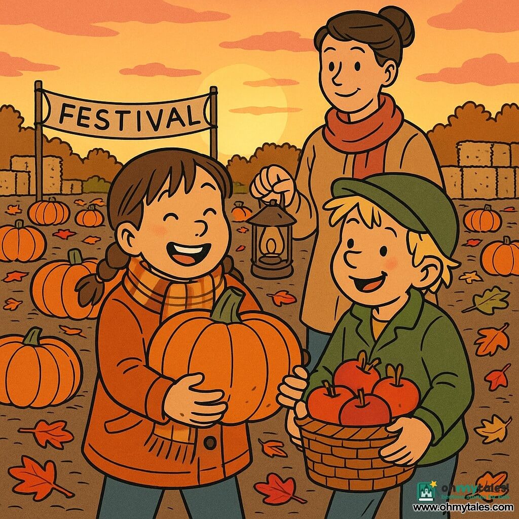 A joyful, wide-eyed 10-year-old girl with mid-length chestnut hair in braids, wearing an orange wool jacket and a plaid scarf, holds a large pumpkin against her small, soil-dusted hands; to her right a playful, smiling 9-year-old blond boy in a green beanie helps carry a basket of apples; slightly behind them a caring ~35-year-old mother with brown hair in a bun holds a rusty metal lantern and watches; they stand in a pumpkin patch at golden sunset—rows of bright orange pumpkins on brown earth, red and yellow leaves scattered, a few straw bales and a rustic festival banner in the background; the girl chooses the perfect Halloween pumpkin, wide smile, warm autumn atmosphere, saturated colors and visible textures (rough pumpkin skin, wool jacket, leaf veins).