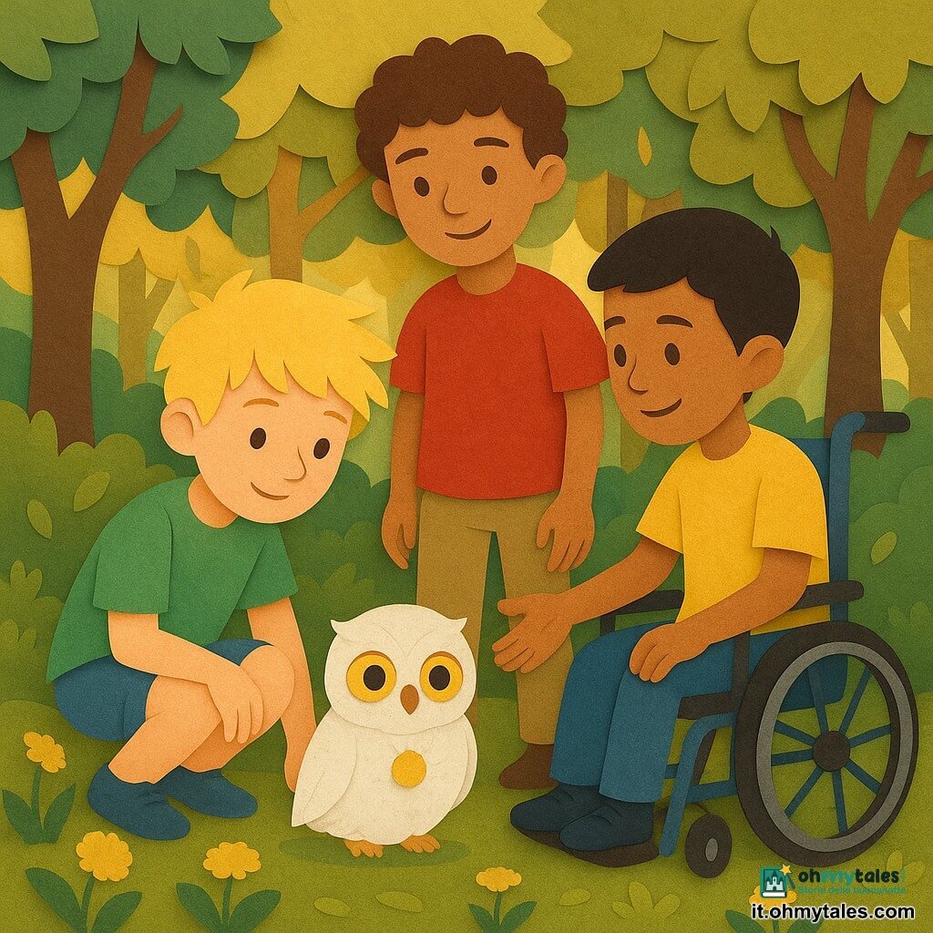 Ci sono 3 personaggi: - Leo, un ragazzo di 10 anni con capelli biondi spettinati, indossa una maglietta verde e pantaloncini blu, è accovacciato vicino a un piccolo gufo bianco. - Marco, un ragazzo di 10 anni con capelli castani ricci, indossa una maglietta rossa e pantaloni beige, sta in piedi accanto a Leo, sorridendo e osservando il gufo. - Sam, un ragazzo di 10 anni in sedia a rotelle, con capelli neri corti, indossa una maglietta gialla e pantaloni blu, tende la mano verso il gufo con uno sguardo benevolo. Il luogo è una radura luminosa circondata da alberi con foglie verdi e dorate, con fiori di tarassaco sparsi su un tappeto di soffice muschio. Al centro, un piccolo gufo bianco riposa a terra, i suoi occhi brillano come monete d'oro. La situazione principale mostra i tre amici che scoprono il gufo ferito. Leo è accovacciato vicino al gufo, Marco è accanto a lui, e Sam tende la mano verso il gufo. La luce del sole attraversa gli alberi, creando motivi di luce e ombra sul terreno, mentre la gemma dorata attorno al collo del gufo emette un bagliore delicato.