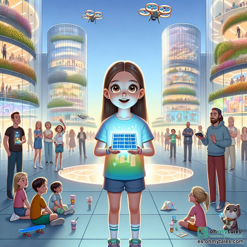 Una niña de 12 años, Clara, está en el centro de la escena, con largos cabellos castaños y ojos llenos de curiosidad. Lleva una camiseta colorida y un short, con un patinete flotante a sus pies, mostrando una expresión de emoción y determinación. A su derecha, su amigo Leo, un chico de 12 años con cabello rubio y gafas redondas, mira a Clara con admiración, sosteniendo un pequeño panel solar hecho en casa. El escenario es la plaza central de Neotrópoli, una ciudad futurista donde edificios de vidrio brillan bajo un cielo azul, rodeados de jardines verticales llenos de flores luminosas. Drones sobrevolan la escena, mientras familias se reúnen alrededor de stands tecnológicos. La situación principal muestra a Clara y Leo presentando su proyecto de paneles solares a un grupo de niños y adultos curiosos, todos cautivados por su entusiasmo e ideas innovadoras para un futuro sostenible.