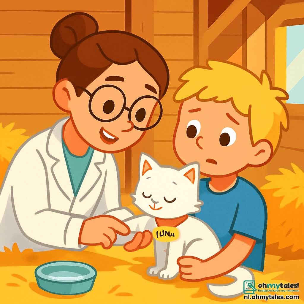 Een dierenarts, een vrouw van een dertig jaar met kastanjebruin haar in een knot en ronde brillen, buigt zich zachtjes over een wit kitten genaamd Luna. Ze heeft een warme glimlach en sprankelende ogen vol empathie, wat laat zien dat ze attent en geruststellend is. Naast haar houdt een 8-jarig jongetje, Sam, met rommelig blond haar en een blauwe t-shirt, het kitten in zijn armen, met een bezorgde maar hoopvolle blik. De scène speelt zich af in een lichte stal met lichte houten muren, verspreide hooi balen op de grond en zonnestralen die door de openingen filteren, wat een zachte en vredige sfeer creëert. De dierenarts onderzoekt voorzichtig de gewonde poot van Luna, omringd door stro kussens en een klein kommetje water in de buurt. De belangrijkste situatie toont de dierenarts die het kitten verzorgt met een zachte aandacht, terwijl Sam met bewonderende ogen toekijkt, klaar om te leren hoe hij voor zijn viervoetige vriend moet zorgen.