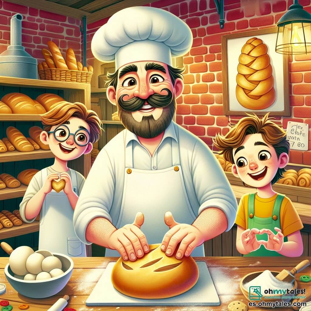 Un hombre, Don Ernesto, está en el centro de la escena, sonriendo con un gran bigote y ojos brillantes de alegría. Lleva un delantal blanco y un sombrero de panadero, con las manos cubiertas de harina mientras da forma a un hermoso pan dorado. A su lado, un niño de 10 años, Lucas, con cabello castaño alborotado y gafas redondas, observa maravillado, sosteniendo una pequeña bola de masa en sus manos. Un poco más lejos, su hermana, Sofía, una niña de 7 años con cabello largo y rubio, ríe mientras intenta hacer una forma de pan en forma de mariposa, con la masa pegándose a sus dedos. La escena se desarrolla en una cálida panadería, con paredes de ladrillo rojo, estanterías de madera llenas de panes de todas las formas y un gran horno al fondo, de donde sale un dulce calor y un aroma irresistible a pan fresco. Don Ernesto y los niños están creando juntos deliciosos panes coloridos, rodeados de sacos de harina, frutos secos y semillas, mientras la luz de la mañana entra por la ventana, iluminando su alegre actividad.