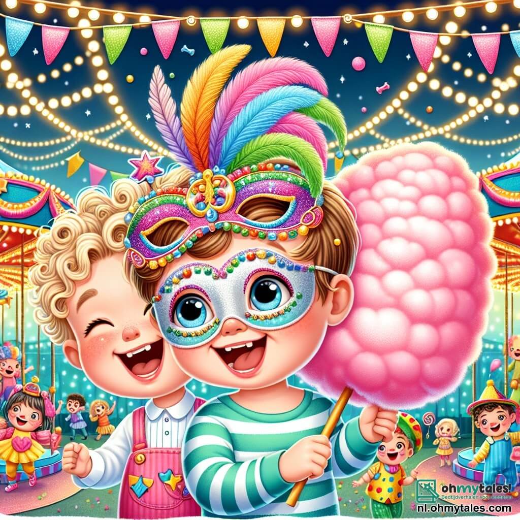 Een 3-jarig jongetje, Timmy, met blond, krullend haar, draagt een kleurrijk masker versierd met glitters en veren. Hij heeft een grote glimlach op zijn gezicht, met glinsterende ogen van opwinding, terwijl hij een enorme roze suikerspin in zijn hand houdt. Naast hem staat een 4-jarig jongetje, Pim, met bruin haar en een kleurrijk clownspak, die vrolijk lacht terwijl hij een stervormige ballon vasthoudt. Ze bevinden zich midden in een levendig park, versierd met lichtslingers en kleurrijke kraampjes, waar mensen in kostuums dansen en plezier hebben. De scène toont het carnaval, met kinderen die spelen rond een grote draaimolen die langzaam draait, gevuld met gelach en feestelijke muziek.