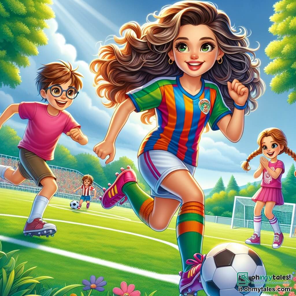 Giulia, una giovane donna dai lunghi capelli ricci, indossa una maglietta da calcio colorata e degli shorts. È piena di energia e gioia, sorridendo ampiamente mentre dribbla il pallone sul campo. Luca, un ragazzo di 10 anni con capelli castani e occhiali, è accanto a lei, con gli occhi spalancati per ammirazione, pronto a ricevere il passaggio. Sara, una ragazza di 9 anni con trecce e una maglietta rosa, applaude con entusiasmo, in piedi a bordo campo. Il luogo è un parco verde, con alberi maestosi sullo sfondo e un cielo blu brillante. Il campo è segnato da linee bianche e fiori colorati bordano il campo da gioco, aggiungendo un tocco di magia all'ambiente. La scena principale mostra Giulia in azione, dribblando il pallone con abilità, mentre Luca e Sara la incoraggiano, creando un'atmosfera di cameratismo e gioia attorno al gioco.