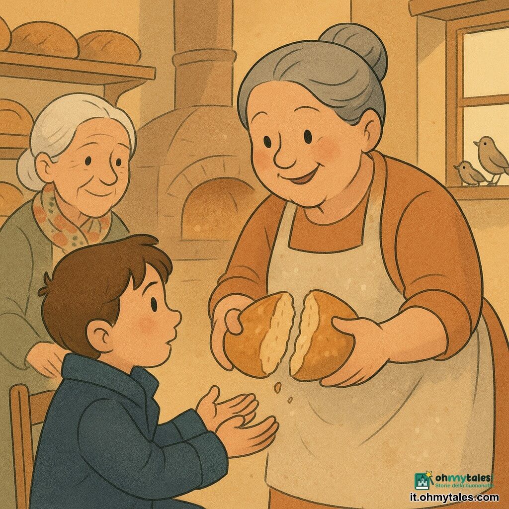 La donna si chiama Lucia: panettiera di circa 45 anni, viso rotondo e caldo, capelli grigi raccolti a chignon, grembiule di lino beige impastato di farina, sorriso tenero; tiene un lungo filone dorato che spezza a metà al centro dell'immagine. Il ragazzo si chiama Matteo: circa 8 anni, cappotto blu scuro troppo grande, guance rosate, sguardo timido e meravigliato; è seduto su una piccola sedia di legno a sinistra di Lucia e tende le mani per ricevere il pane. La donna anziana si chiama Rosa: circa 70 anni, capelli bianchi in chignon basso, sciarpa floreale, espressione dolce e rassicurante; è in piedi dietro Matteo con un piccolo mazzetto di erbe profumate e sorride verso Lucia. Luogo: piccola panetteria rustica dalle pareti color miele, scaffali di legno pieni di pagnotte, farina in sospensione, forno di pietra caldo sullo sfondo, finestra con passerotti sul davanzale. Situazione: momento di condivisione mattutina — Lucia spezza il pane e offre una metà a Matteo mentre Rosa osserva, atmosfera calda e accogliente, luce dorata. Stile: colori caldi e pastello, contorni morbidi, texture di farina e crosta dettagliate, focalizzazione sulle mani e sul pane per evocare generosità.