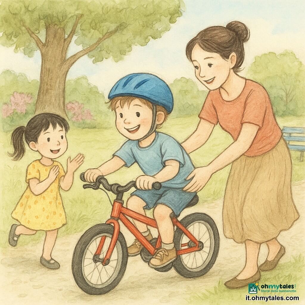 Un bambino di 6 anni dal viso rotondo e capelli castano chiaro spettinati, espressione gioiosa e concentrata, pedala con energia su una piccola bicicletta rossa lucida con casco blu ben allacciato; la madre (30–35 anni) con capelli castani raccolti in uno chignon sorride incoraggiante e tiene delicatamente la sella dietro di lui. Accanto, una bambina di 6 anni con coda di cavallo nera e vestito giallo a pois applaude correndo; più indietro un ragazzo di circa 8 anni con maglietta verde aspetta con la sua trotinetta sull'erba. Scena in un parco luminoso con ampia prato verde, un grande quercia al centro, sentiero di ghiaia chiara, cespugli fioriti rosa e una panchina azzurra; atmosfera dolce, sicura e dinamica, colori pastello vividi, linee nette a matita e acquerelli per ombre e luci.