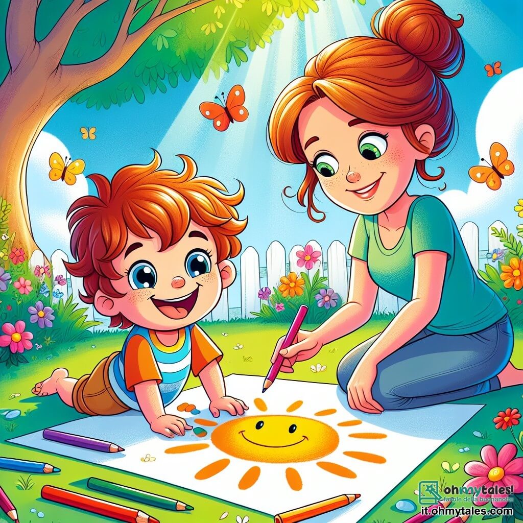 Un bambino di 2 anni, Leo, con i capelli castani disordinati e gli occhi brillanti di curiosità, è seduto sull'erba verde del giardino. Sorride gioiosamente mentre tiene dei pastelli colorati nelle sue piccole mani, pronto a disegnare un grande sole su un grande foglio bianco davanti a lui. Accanto a lui, sua madre, una donna di circa trent'anni con i capelli castani raccolti in uno chignon e una maglietta colorata, lo incoraggia con un sorriso caloroso, piegandosi leggermente verso di lui e tenendo un pastello in mano, pronta ad aiutarlo. Il giardino è pieno di fiori colorati, farfalle che volano e un grande albero ombreggiato con giocattoli sparsi. L'atmosfera è soleggiata e gioiosa, con un cielo blu chiaro sullo sfondo. Leo sta disegnando un sole splendente, mentre sua madre lo osserva con orgoglio, creando una scena piena di felicità e creatività estiva.