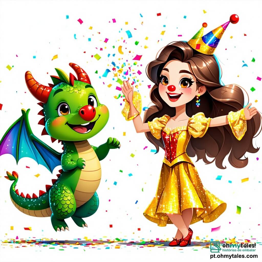 Um pequeno dragão chamado Lilo, com escamas brilhantes nas cores do arco-íris, flutua alegremente no ar com um grande sorriso, seus olhos brilhando de felicidade. Ele usa um nariz de palhaço vermelho que espalha confetes ao seu redor. Ao lado dele, a trapezista Estela, uma jovem graciosa com cabelos longos e ondulados, vestida com um traje cintilante de lantejoulas douradas, aplaude com entusiasmo, seus olhos brilhando de admiração. O cenário é uma grande tenda de circo colorida, com listras vermelhas e amarelas, cheia de luzes cintilantes e espectadores maravilhados, todos com expressões de alegria e excitação. No centro do palco, Lilo e Estela realizam uma performance mágica, onde bolhas de sabão flutuam ao redor deles, criando uma atmosfera mágica e encantadora.
