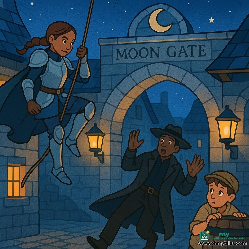 Knightess Liora (daughter), determined calm face, light blue-gray armor, storm-cloud cape, chestnut braid, descending by rope from a roof in a dynamic, focused pose; a taller conspirator (man ~30) in a dark coat and wide-brim hat, surprised, hands raised, falling near a pale stone Moon Gate arch; a young ale delivery boy (~10), curious, in simple stained clothes hidden behind a nearby barrel watching; medieval cobbled street under a starry sky, slate roofs, yellow lanterns casting warm light and sharp shadows; tense nighttime action, contrast between lantern glow and bluish night, bright colors, simple shapes, childlike vector style, clean lines and minimal textures.