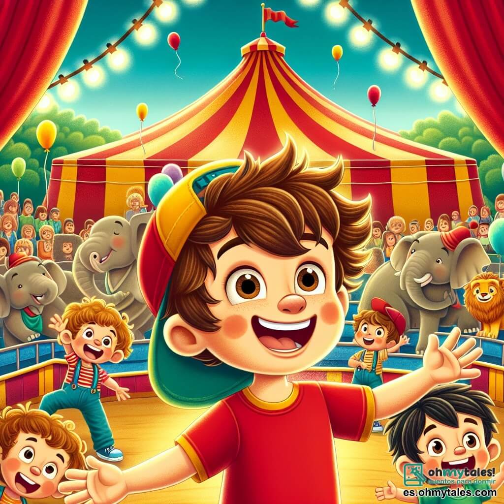 Hay tres personajes principales: 1. Tomás, un niño de cuatro años, con el pelo castaño desordenado y una camiseta roja. Está de pie en el centro, sonriendo y levantando los brazos con entusiasmo. 2. Luis, un niño de cuatro años, con el pelo rubio y una gorra azul. Está a la izquierda de Tomás, saltando de alegría con una gran sonrisa en su rostro. 3. Pablo, un niño de cuatro años, con el pelo negro y una camiseta verde. Está a la derecha de Tomás, haciendo un gesto divertido para atraer la atención de los animales. El lugar es un circo colorido, con una gran carpa a rayas rojas y amarillas, rodeada de luces brillantes. Globos flotan en el aire y espectadores maravillados están alrededor, mientras que animales como elefantes y leones se preparan al fondo. La situación principal muestra a los tres amigos tratando de atraer la atención de los monos en un árbol, haciendo ruidos divertidos y riendo, mientras Don Riso, el payaso de nariz roja, los observa con una sonrisa cómplice.