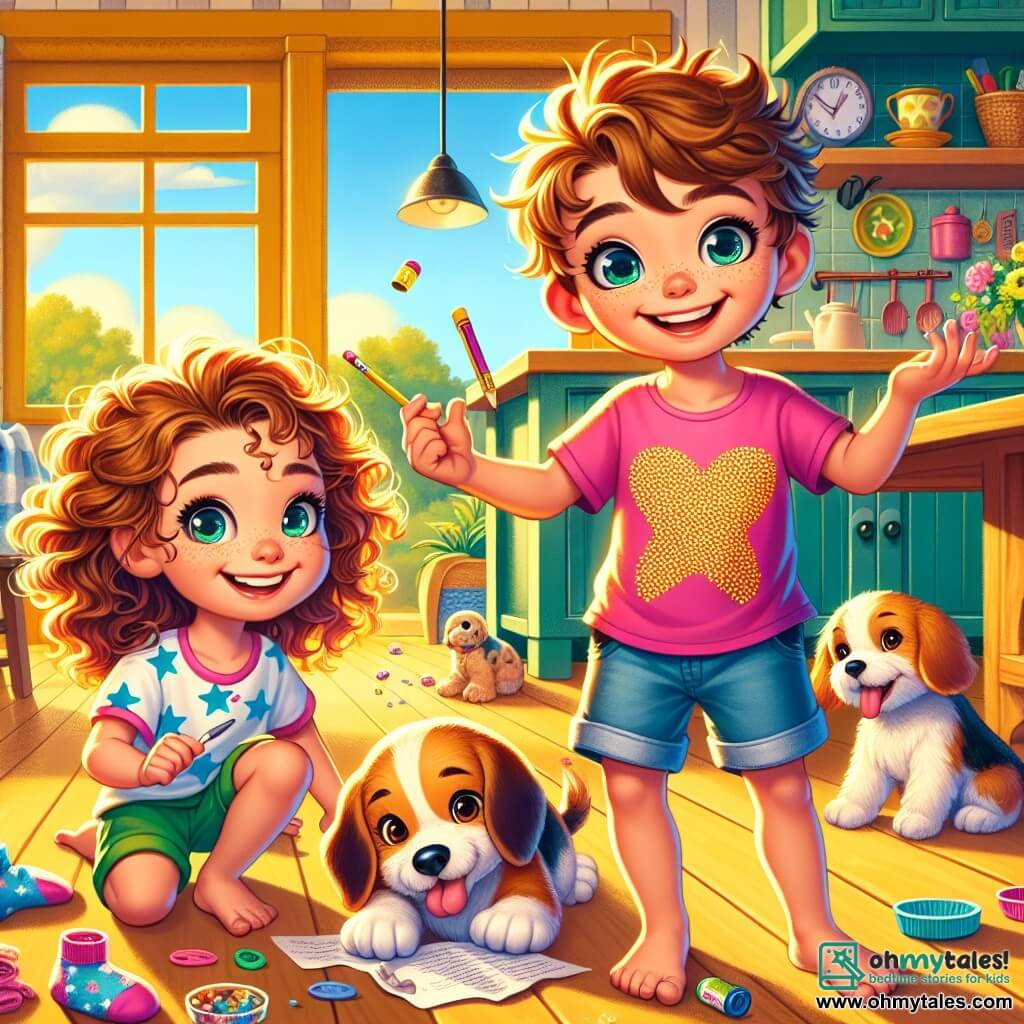 A 10-year-old girl, Maggie, with curly brown hair and sparkling mischievous eyes, stands in a sunny kitchen with a big smile on her face. She wears a pink t-shirt with stars and denim shorts, holding a pencil and a crumpled piece of paper, clearly excited about her plan for Mother's Day. Next to her, her 6-year-old brother Max, with messy blonde hair and a cheeky grin, tries to juggle small plastic plates. He is dressed in a blue t-shirt and green shorts. Their dog, Pickles, a small beagle with big ears, lies on the floor with its paws in the air, playing with a sock. The kitchen is bright and welcoming, featuring yellow walls, a wooden table laden with golden pancakes and colorful fruits, and open windows letting in the gentle morning breeze. Maggie, full of energy and enthusiasm, is preparing a surprise for her mom, dreaming of a perfect picnic to celebrate Mother's Day.