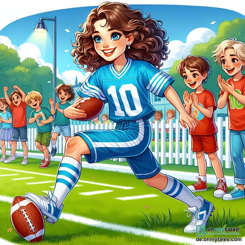 Im Mittelpunkt des Bildes steht Mia, eine junge Frau mit lockigem, braunem Haar, die ein blaues Fußballtrikot mit der Nummer 10 trägt. Sie lächelt strahlend vor Freude und Entschlossenheit, während sie den Fußball über das Spielfeld dribbelt. Rechts von ihr steht Ben, ein 10-jähriger Junge mit zerzausten blonden Haaren, der eine rote Shorts und weiße Turnschuhe trägt. Er applaudiert begeistert, seine Augen leuchten vor Bewunderung für seine beste Freundin. Im Hintergrund versammelt sich eine Gruppe von Kindern im Alter von 8 bis 12 Jahren am Spielfeldrand, alle in bunten T-Shirts gekleidet. Sie schauen Mia mit bewundernden Gesichtsausdrücken an, einige halten Fußbälle und andere schwenken kleine Fahnen. Der Ort ist ein grünes Fußballfeld, umgeben von weißen Zäunen und großen Bäumen, unter einem strahlend blauen Himmel mit einigen fluffigen weißen Wolken. Die Hauptsituation zeigt Mia in Aktion, wie sie den Ball geschickt dribbelt, während die Kinder sie anfeuern und eine Atmosphäre von Kameradschaft und Freude rund um das Spiel schaffen.