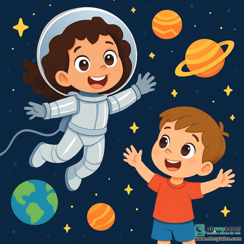 A young girl, Mia, is floating in space, wearing a shiny silver spacesuit. She has large sparkling brown eyes and curly hair floating around her. Her radiant smile shows her joy and wonder at the vastness of the universe. Next to her, a 7-year-old boy named Timmy, wearing a red t-shirt and blue shorts, looks at Mia with admiration, arms raised as if he wants to float in space too. He is surrounded by twinkling stars and colorful planets. The background features a deep starry sky, dotted with bright-colored planets, including a blue and green Earth in the distance, adding beauty to the scene. Mia and Timmy are on an adventure, imagining they are on a mission to explore the stars, surrounded by the brilliance of galaxies and the wonders of space.