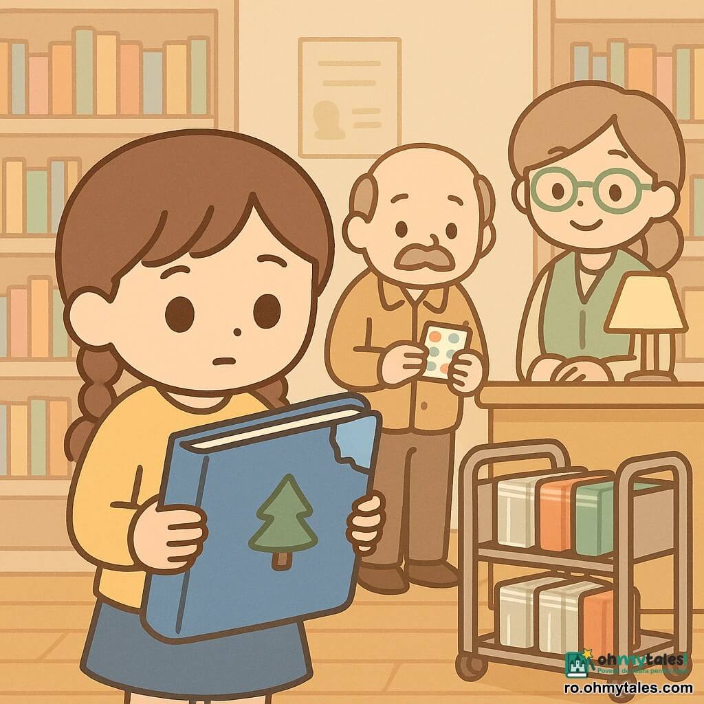O fetiță de 10 ani, emoționată și concentrată, ține o carte mare albastră cu un col rupăt care arată un mic brăduț verde; are părul șaten împletit în două cozi, ochi rotunzi și o expresie blândă și curioasă. Un bărbat de circa 60 de ani, mustăcios, în jachetă bej, ține o foaie de etichete autocolante și stă lângă un cărucior de reparații privind stânjenit spre fetiță. O bibliotecară de aproximativ 50 de ani, cu ochelari cu ramă verde și vestă verde pal, zâmbește atent de după un birou joasă, iluminând scena cu o lampă. Locul: o bibliotecă de cartier cu rafturi din lemn, un cărucior metalic cu cărți ambalate, postere discrete și podea din parchet încălzit de o lumină blândă aurie. Situația: fetița descoperă cartea ascunsă pe căruciorul de reparații și arată colul rupt cu brăduțul desenat, iar bărbatul cu etichete și bibliotecara o privesc — atmosferă caldă, liniștită, tensiune ușor rezolvată.