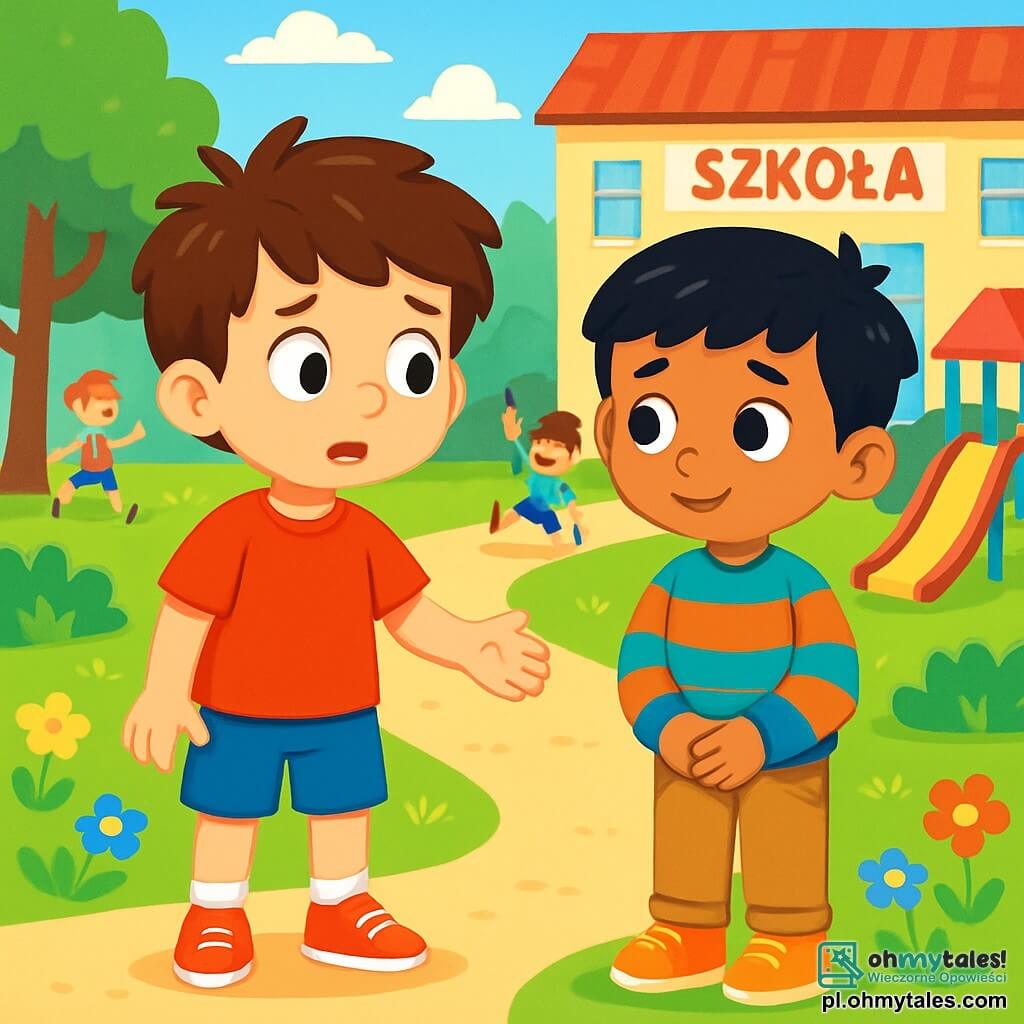 Sześciolatek Tomek z brązowymi, rozczochranymi włosami i błyszczącymi oczami stoi na środku sceny. Ma na sobie czerwoną koszulkę i niebieskie szorty, a na jego twarzy widać wyraz wahania i współczucia. Obok niego stoi Amir, sześciolatek z czarnymi włosami i lekko opaloną skórą, ubrany w kolorowy sweter i beżowe spodnie. Patrzy nieśmiało dookoła, z lekkim uśmiechem, ale w jego oczach widać zmartwienie. Scena rozgrywa się na słonecznym placu zabaw otoczonym dużymi zielonymi drzewami i kolorowymi zabawkami. Dzieci bawią się w oddali, śmiejąc się i ciesząc, a po drodze rosną kolorowe kwiaty. Tomek stoi przed Amirem, wahając się, czy zaprosić go do zabawy, ale jego spojrzenie pokazuje, że chce przezwyciężyć wątpliwości i nawiązać z nim przyjaźń.