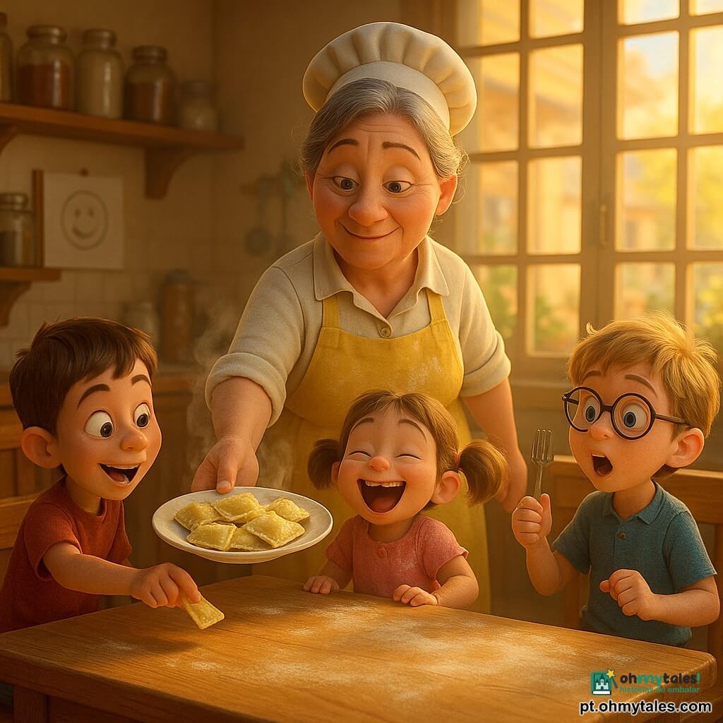 Chef mulher de cerca de 40 anos, sorriso caloroso, cabelo grisalho preso em coque, grande avental amarelo levemente enfarinhado, segura um prato fumegante de raviolis e estende um prato; menino Tomás, ~7 anos, cabelo curto castanho, entusiasmado, estende a mão para pegar um ravioli; menina ~6 anos, cabelo em maria‑chiquinhas, vestido rosa com manchas de farinha, ri abertamente; menino ~8 anos, cabelo loiro desgrenhado, óculos redondos, maravilhado, levanta o garfo; cantina luminosa e acolhedora com grandes janelas, bancos de madeira verniz, prateleiras com frascos de vidro e bancadas com toques de farinha; cena centrada na chef servindo raviolis fumegantes a crianças reunidas em torno de uma grande mesa de madeira, vapor visível e clima quente de alegria e cuidado.