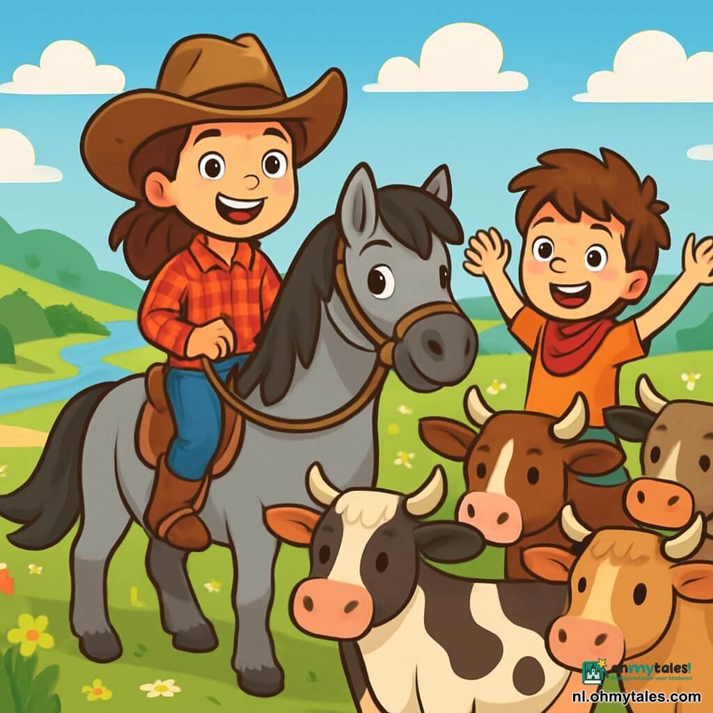 Een jonge cowgirl, Raya, staat trots op haar grijze paard Storm, met een brede glimlach vol vastberadenheid. Ze draagt een versleten cowboyhoed, een rood geruit shirt en denim jeans, haar ogen stralend van opwinding. Naast haar moedigt haar vriend Sam, een jongen van ongeveer 10 jaar met een rommelige bruine haardos en een rode bandana om zijn nek, haar aan door zijn armen te heffen, vol enthousiasme. De achtergrond is een uitgestrekte, zonnige prairie, bezaaid met kleurrijke wilde bloemen, onder een stralende blauwe lucht met enkele pluizige witte wolken. In de verte zijn zachte heuvels en een glinsterende rivier te zien die door het landschap slingert. De hoofdscène toont Raya en Sam die een groep nieuwsgierige koeien verzamelen, klaar om op avontuur te gaan naar de markt van Silver Creek. De koeien, met hun gevarieerde vachten, lijken ongeduldig, terwijl Raya en Sam, vol moed, hen met vreugde en vastberadenheid begeleiden.