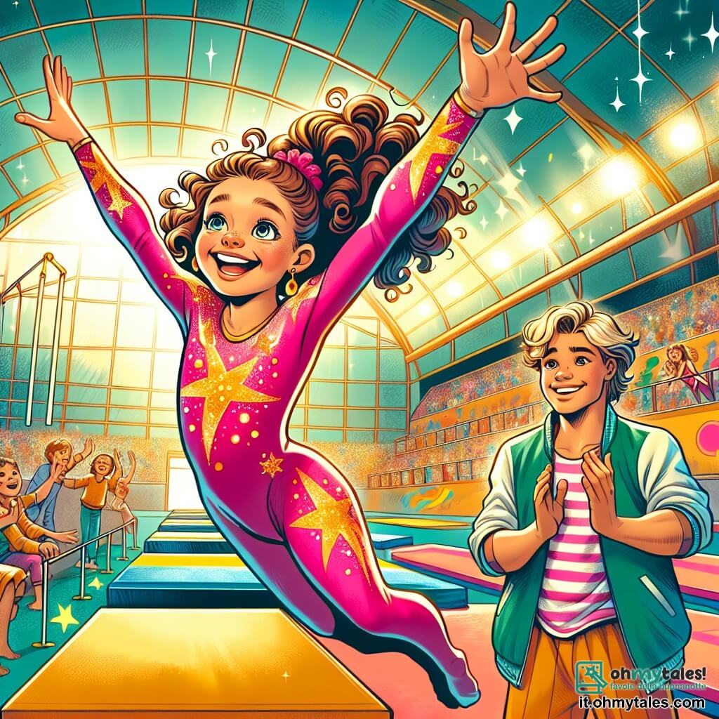 Una ragazza di 10 anni, Sofia, con i capelli castani ricci e gli occhi scintillanti di gioia, sta eseguendo un salto acrobatico in una palestra. Indossa un body rosa vivo con stelle dorate, e il suo viso esprime una determinazione splendente. Accanto a lei, Marco, un ragazzo di 10 anni con i capelli biondi disordinati e un sorriso malizioso, la incoraggia alzando le braccia, pronto ad applaudire. La palestra è ampia, con tappeti colorati, barre parallele e specchi che riflettono l'energia dell'allenamento. Sofia e Marco sono al centro dell'immagine, circondati da compagni che li guardano con ammirazione, mentre raggi di luce filtrano dalle finestre, illuminando la scena con un'atmosfera calda e dinamica.