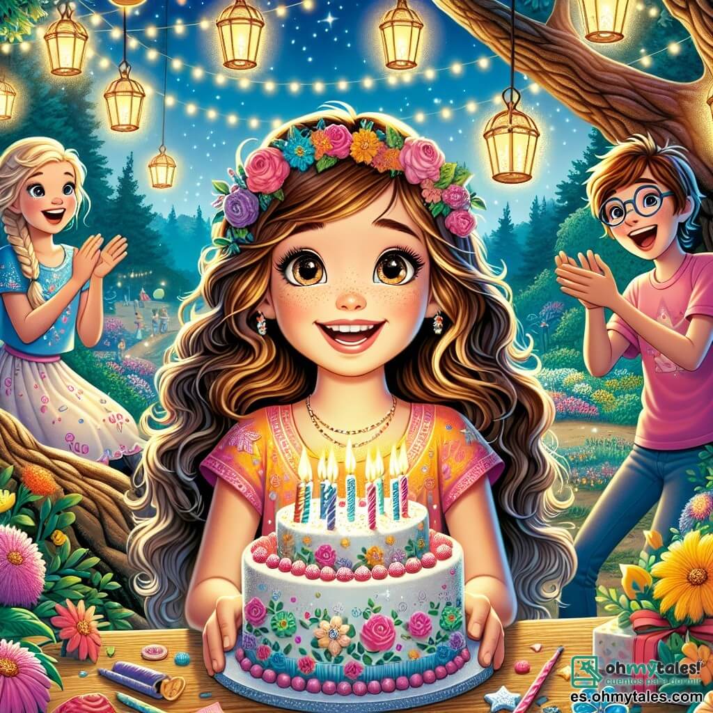 En el centro de la imagen, una niña de 10 años llamada Sofía, con largos cabellos rizados y ojos brillantes de color avellana, sonríe con asombro. Lleva un vestido colorido decorado con motivos de flores y sostiene un pequeño pastel de cumpleaños decorado con velas centelleantes en sus manos. A su lado, dos amigos: Emma, una niña de 9 años con trenzas rubias y una camiseta rosa, que aplaude alegremente, y Lucas, un niño de 10 años con gafas y una camiseta azul, que ríe sosteniendo un globo en forma de estrella. El fondo es un claro de bosque mágico, lleno de flores multicolores y grandes árboles con troncos retorcidos. Linternas flotantes iluminan el espacio, y un arcoíris centelleante conecta el mundo mágico con un parque al fondo. La escena principal muestra a Sofía, rodeada de sus amigos, soplando las velas de su pastel de cumpleaños, mientras pequeños duendes bailan a su alrededor, creando un ambiente festivo y encantado.